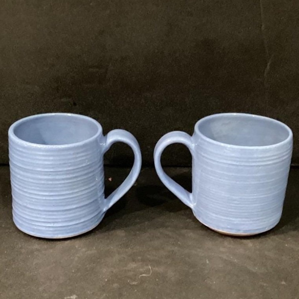 Studio Pottery Art Handcrafted Signed Alahas Blue Ribbed Mugs Set Of 2